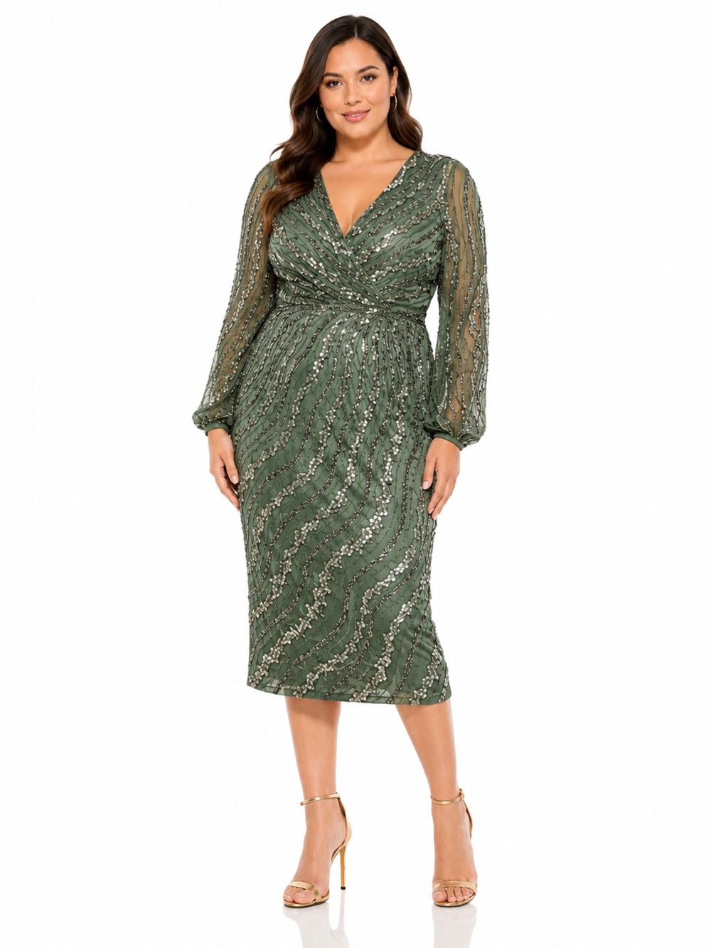 Mac Duggal Embellished Sequin Midi Dress Sage Size 14 NWT $498